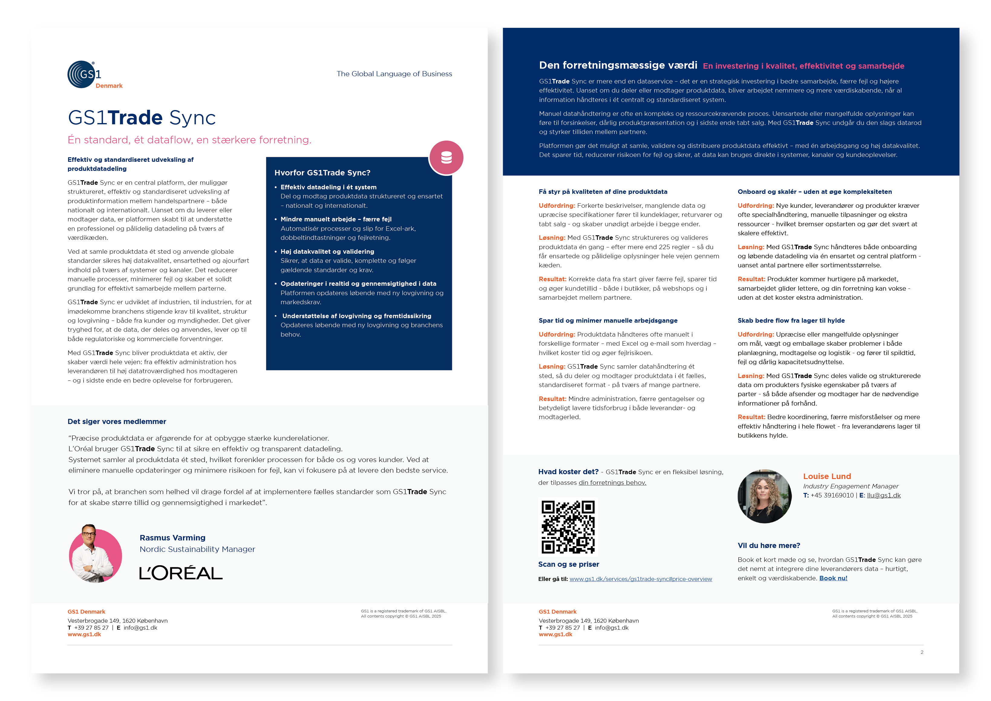 To-sidet informationsark om GS1Trade Sync, dets fordele i datadeling og kontaktoplysninger.