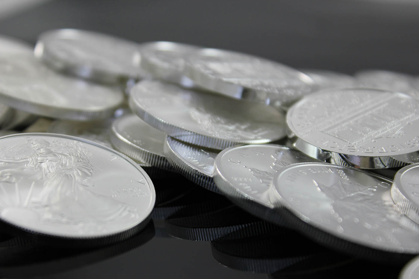 A close view of silver bullion coins