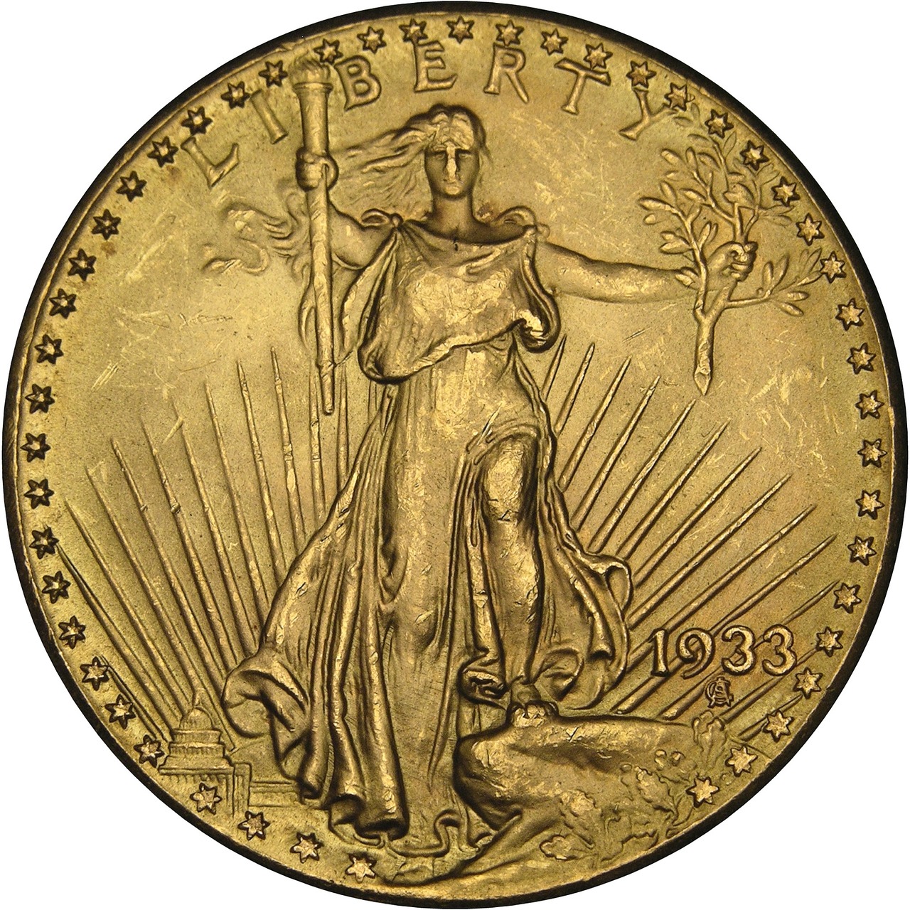 The back of a Saint-Gaudens Gold Double Eagle coin, one of the best gold coins to buy as an investment