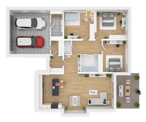 A detailed floor plan of a larger sized home (3 bedrooms, 2 bathrooms)