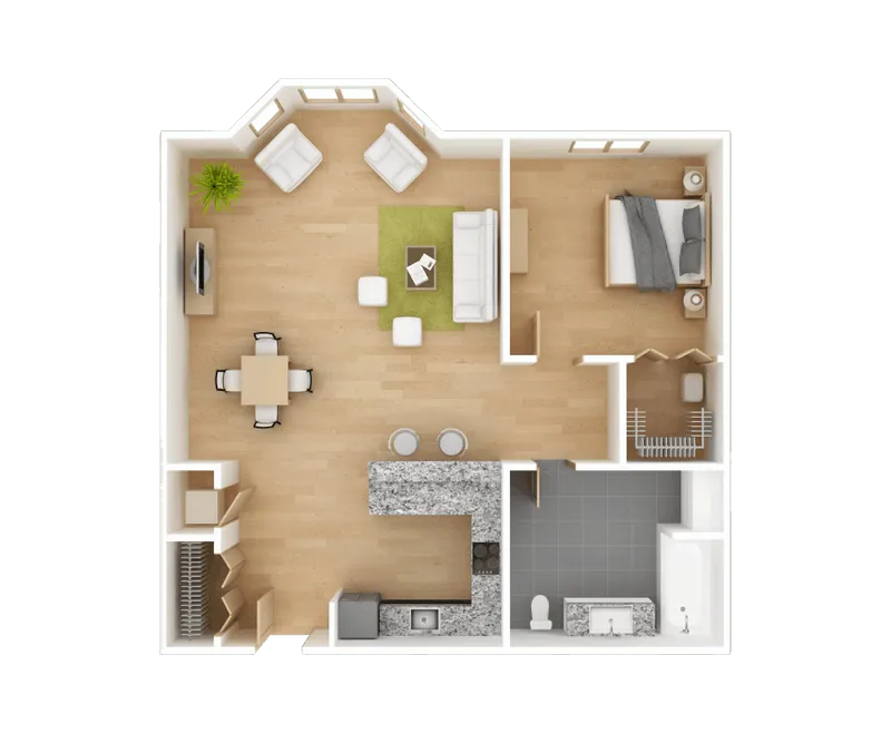 A detailed floor plan of a small home (1 bedroom, 1 bathroom)