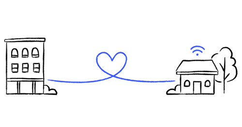 Two buildings connected with Ting Internet, illustrated by a line with a heart in it.
