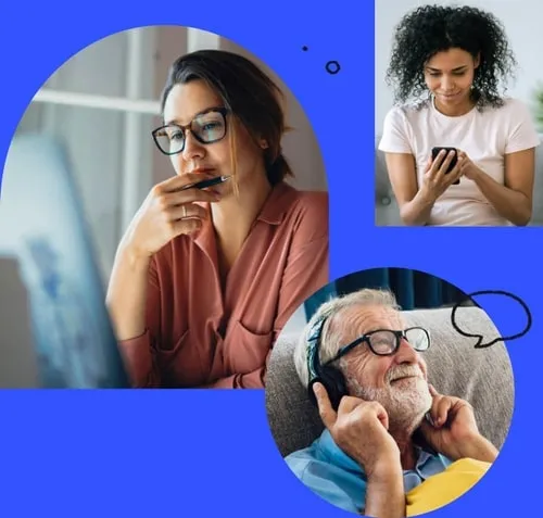 A collage of people enjoying various devices connected to the internet.