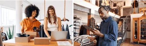 On the left, Two women collaborate on a laptop while examining a box, focused on their task in a professional setting. On the right, a person is holding a tablet in a store
