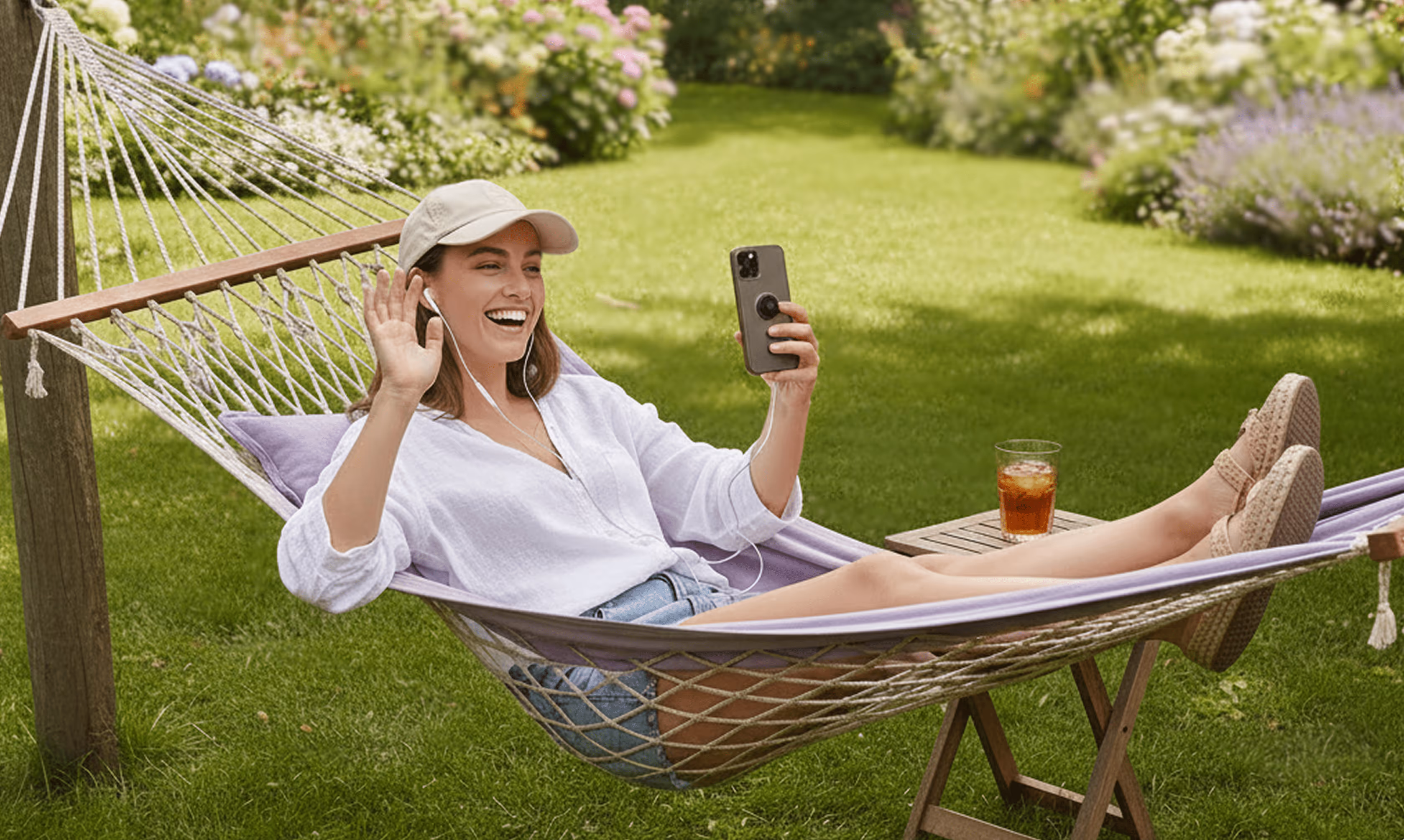 A woman relaxes in a hammock, holding her phone while enjoying a peaceful moment outdoors.