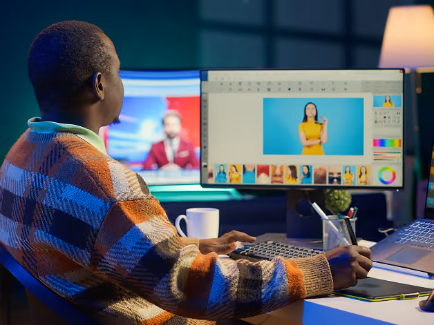 Man in a colorful sweater editing photos on a computer with dual monitors in a dim room.