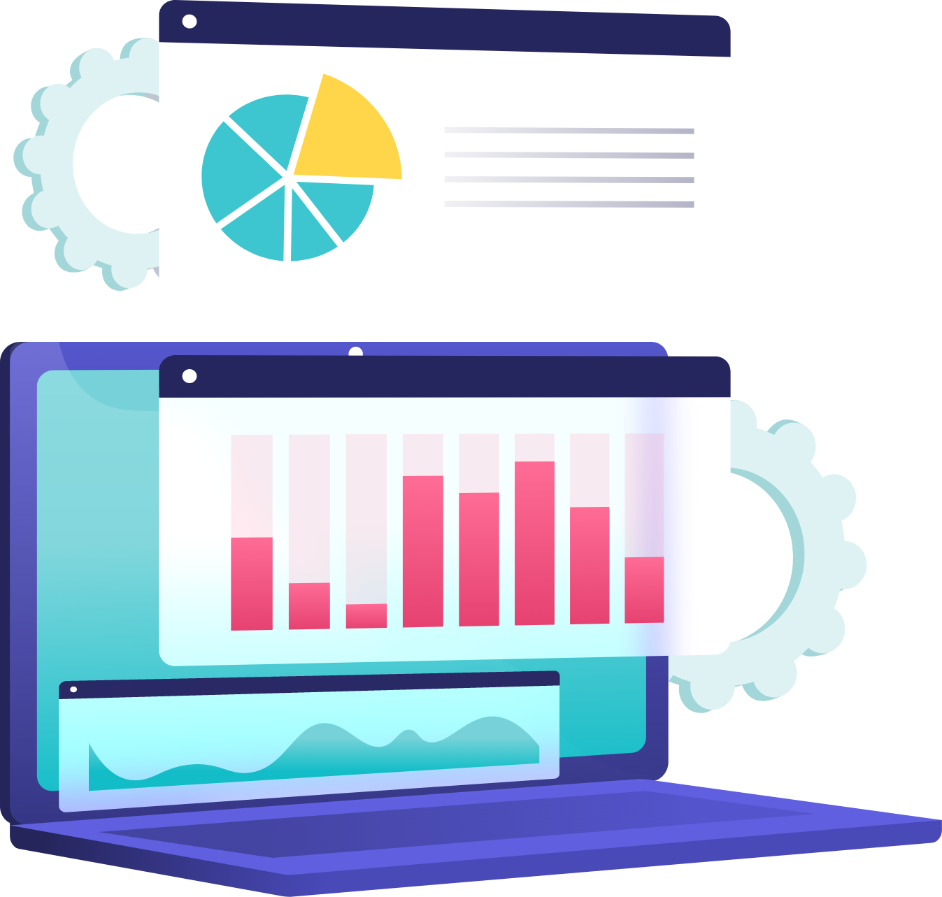 Illustration of laptop displaying analytics charts