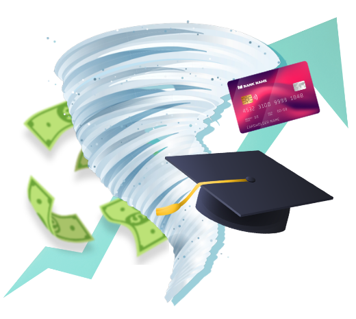 Tornado with money, credit card, and graduation cap.