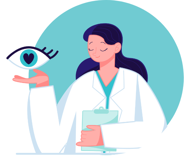 Illustration of a female scientist holding a large stylized eye.