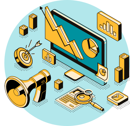Digital marketing icons: computer, megaphone, graph.