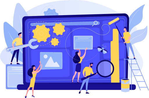 Illustration of people fixing a giant computer screen with tools.