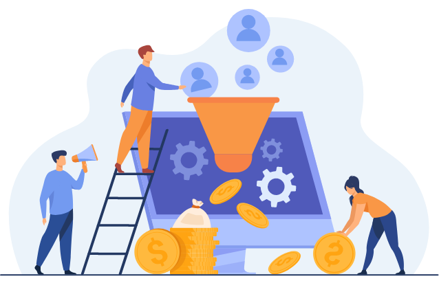 Cartoon of digital marketing process with laptop, funnel, coins, and people.