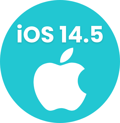 "iOS 14.5" above Apple logo on teal circle.