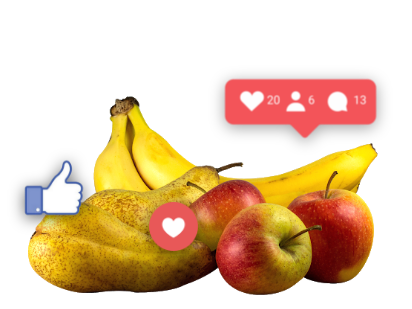 Bananas and apples with social media icons.