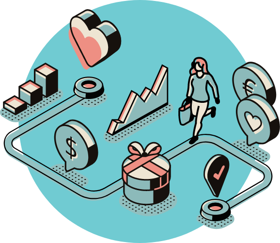 Digital marketing icons: heart, chart, gift, person, dollar, euro.