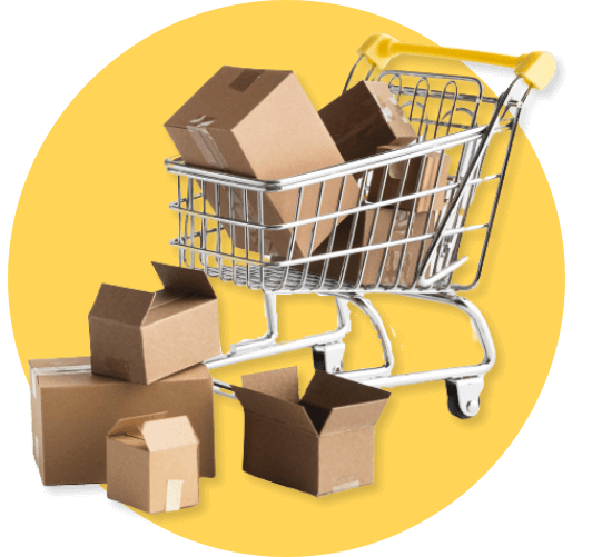 Shopping cart with cardboard boxes.