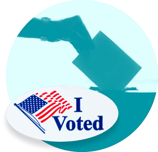 Hand casting vote, "I Voted" sticker.