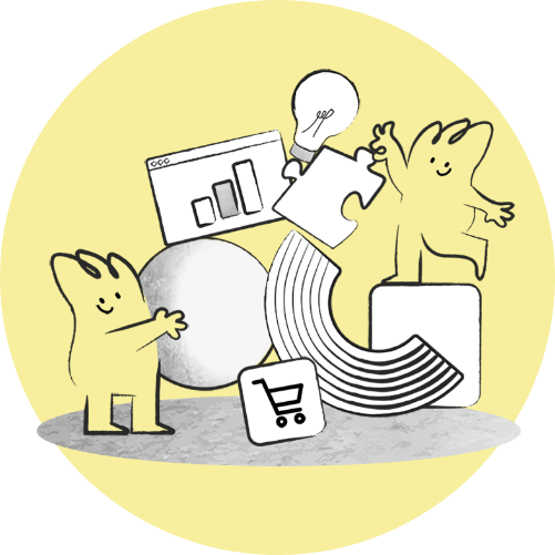 Two yellow mascots with marketing icons.