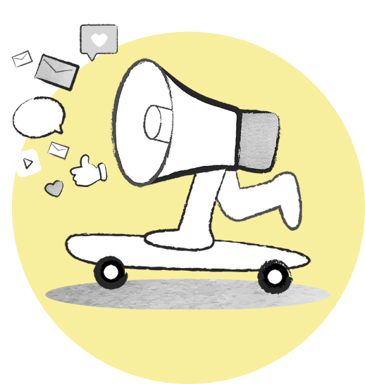 Illustration of a megaphone on a skateboard with icons like a heart, thumbs-up, and envelopes.