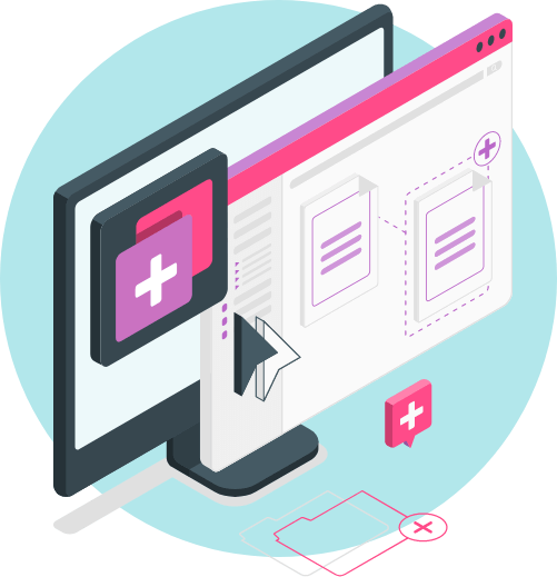 Illustration of web design screens with icons.