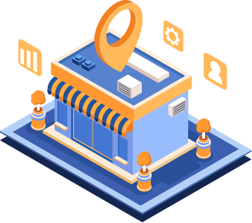 Isometric shop with map pin on roof.
