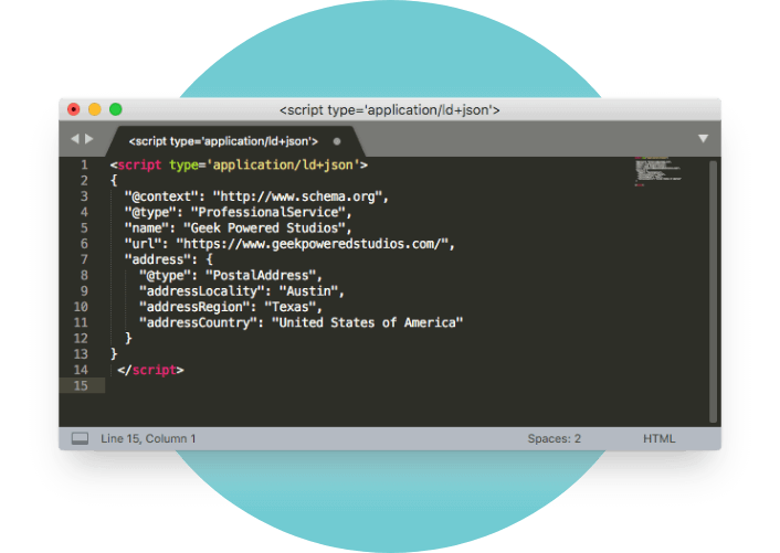 Code snippet for schema markup of Austin business, Geek Powered Studios.