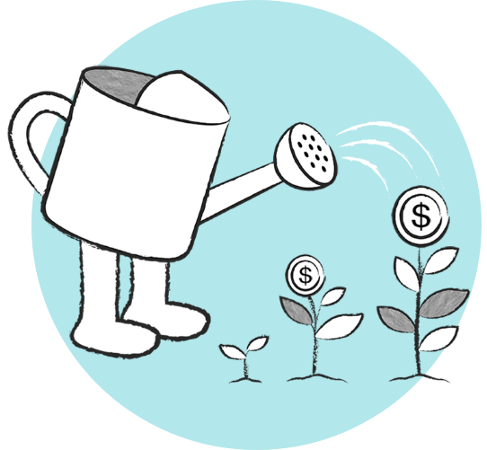 Cartoon watering can man watering money flowers.