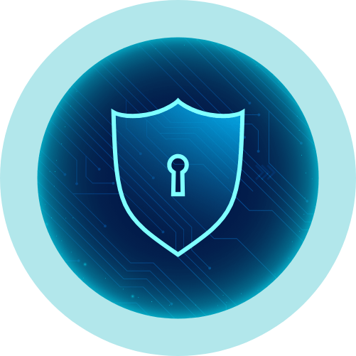 Shield with keyhole on blue digital background.