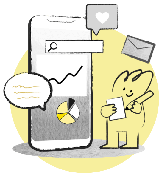 Illustration of a chart on a phone with a yellow character writing.