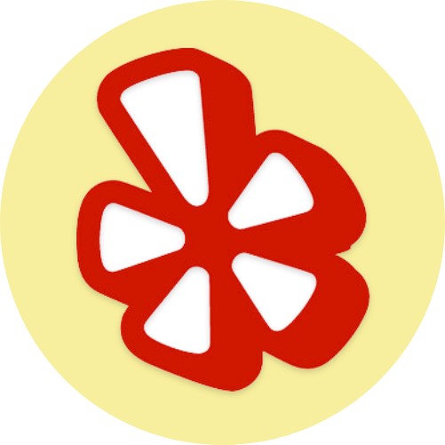 Red and white Yelp logo flower.