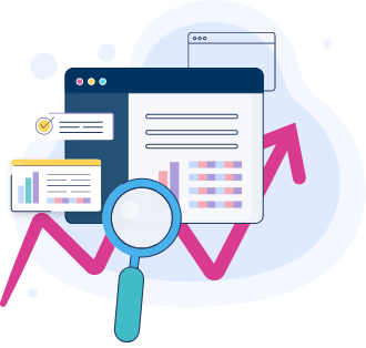 SEO analytics with magnifying glass, graphs, and upward arrow