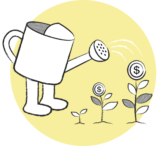 Cartoon watering can with feet nurturing money flower plants.