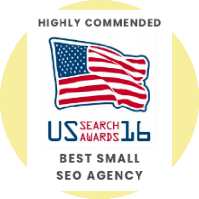 US Search Awards 2016: Best Small SEO Agency badge with American flag.