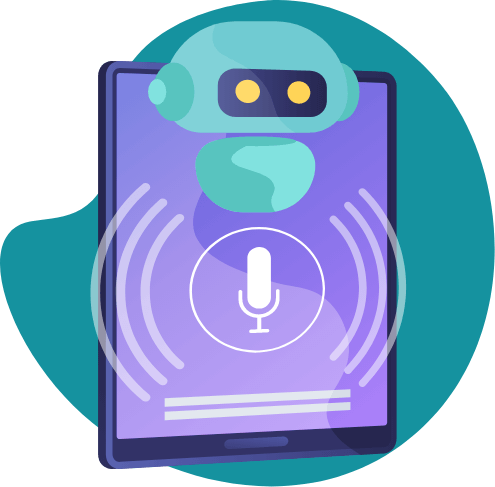 Illustration of a voice assistant robot inside a tablet.
