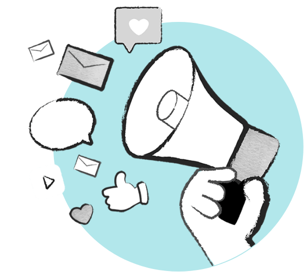 Hand holding megaphone with social media icons.