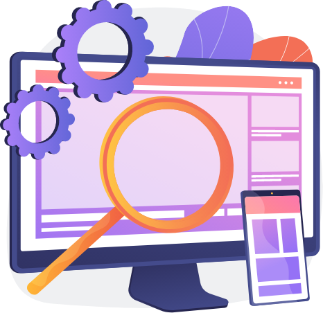Illustration of computer monitor, magnifying glass, gears, and smartphone.