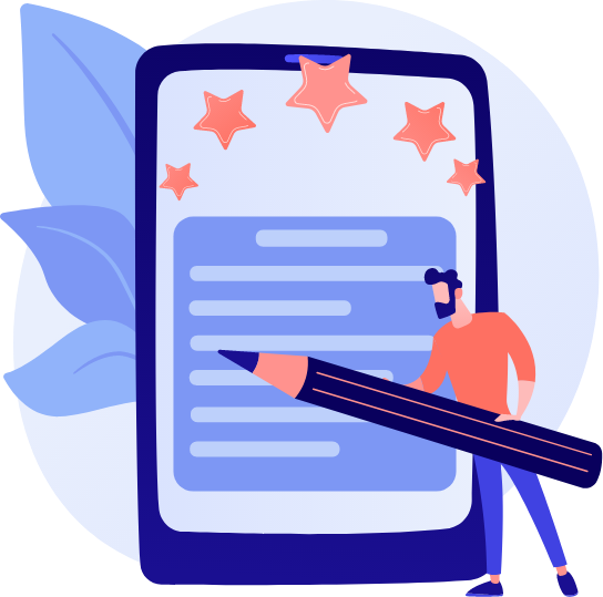 Illustration of a person holding a large pencil near a document with stars.