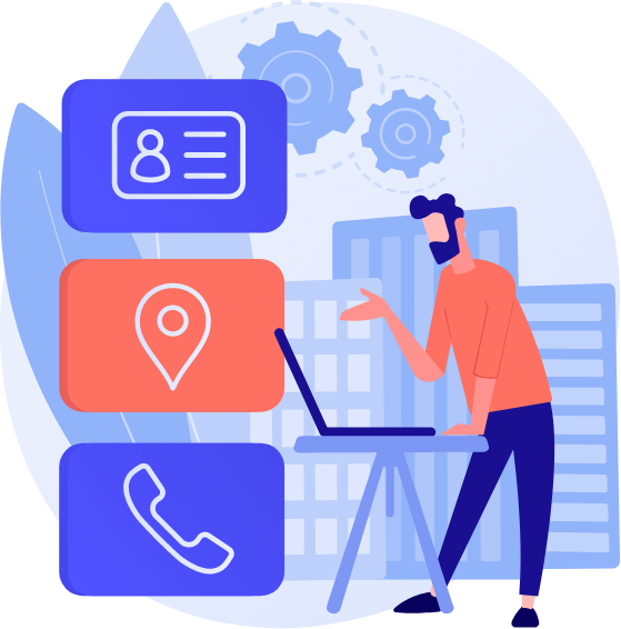 Illustration of a man with laptop, contact icons, and gears.