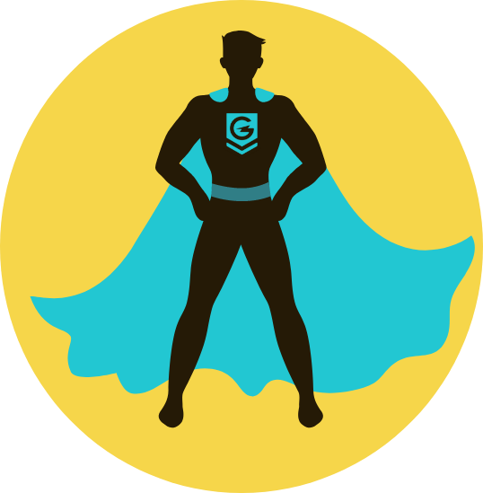 Silhouette of superhero with "G" logo, blue cape, yellow background.