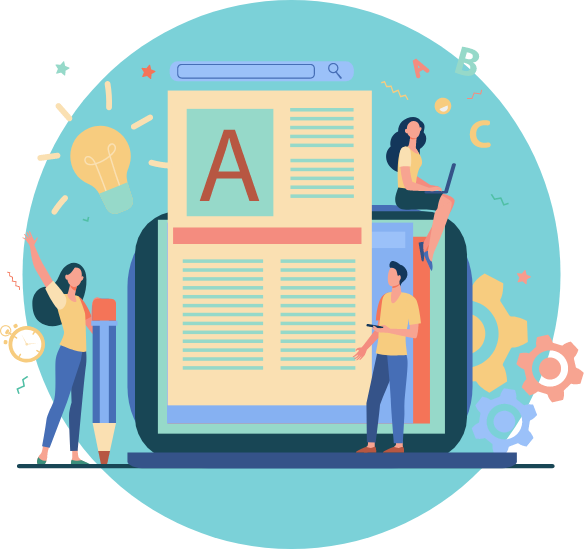 Illustration of people with a digital tablet, gears, and lightbulb.