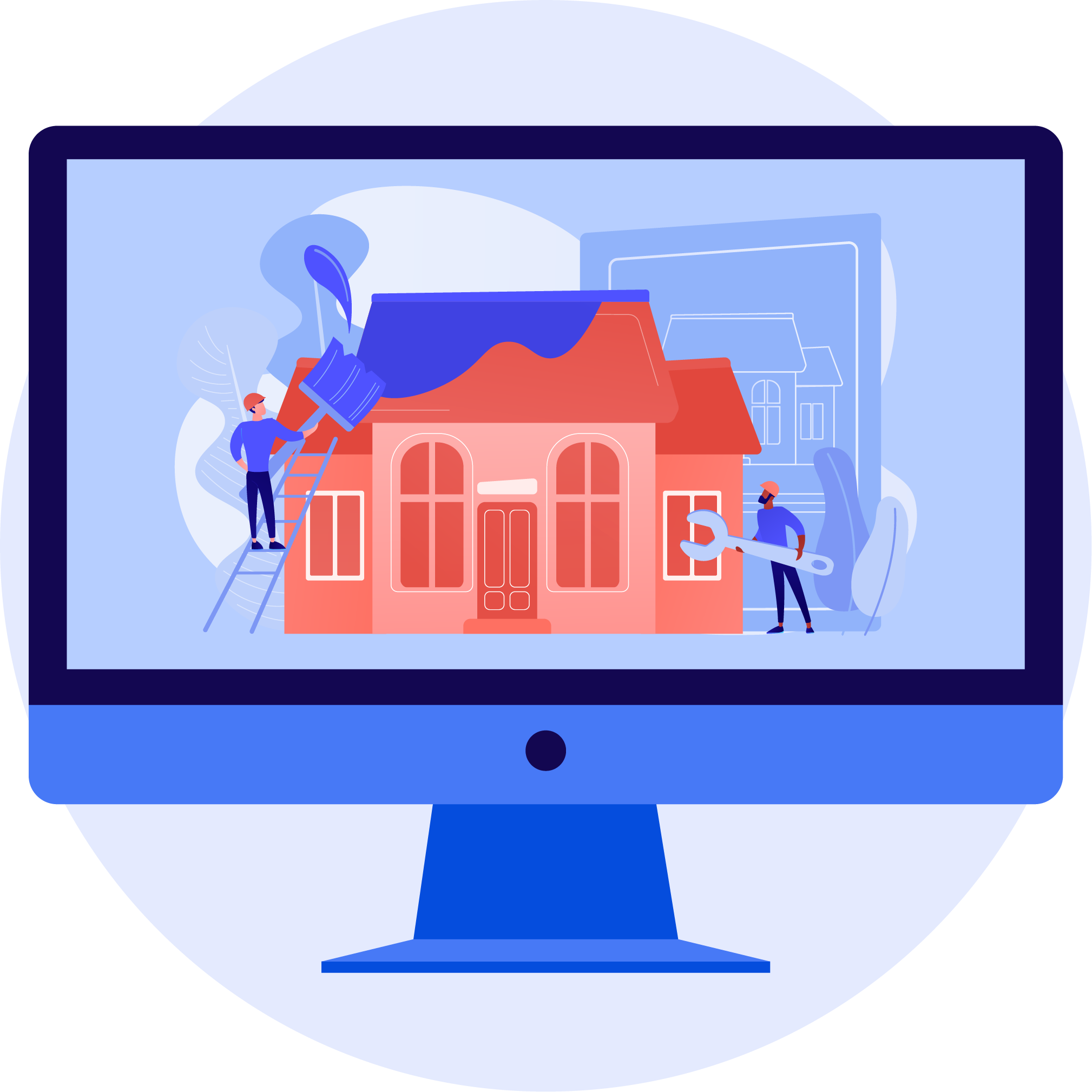 Illustration of people designing a website for a house.