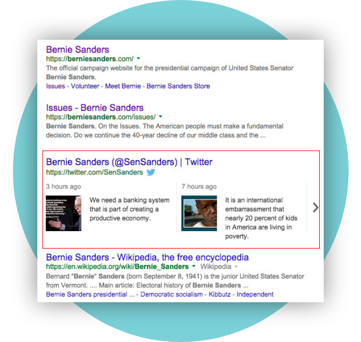 Google search results for Bernie Sanders showing links to Twitter and Wikipedia.