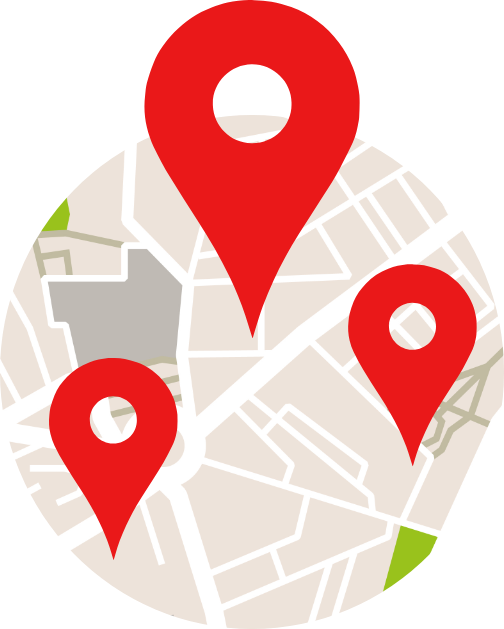 Map with three red location pins