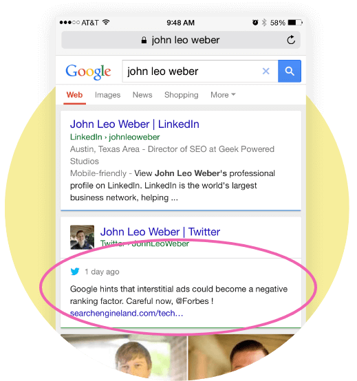Google search results for "John Leo Weber" with a highlighted Twitter snippet.