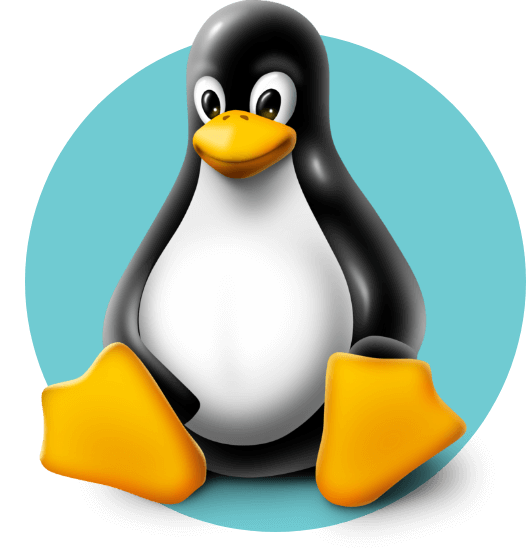 Linux penguin mascot on teal circle background.