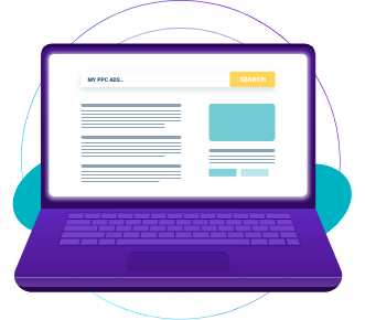 Illustration of a purple laptop displaying a search bar and web content.