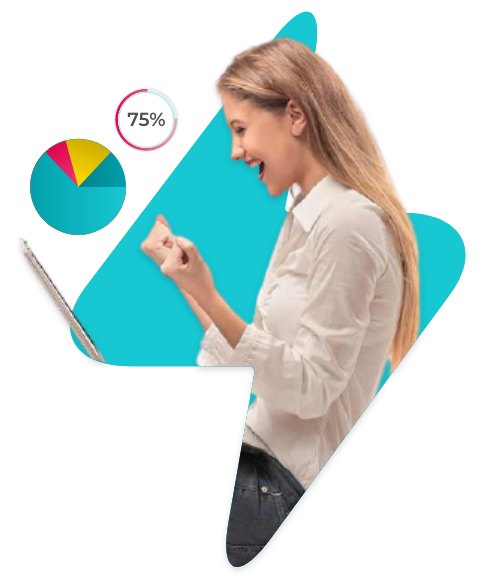 Woman rejoicing at laptop; pie chart showing 75%