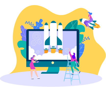 Cartoon people launching rocket from computer screen.