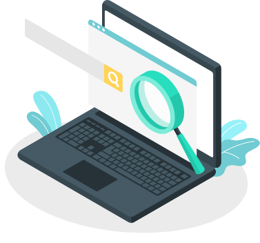 Illustration of a laptop with browser window and magnifying glass.