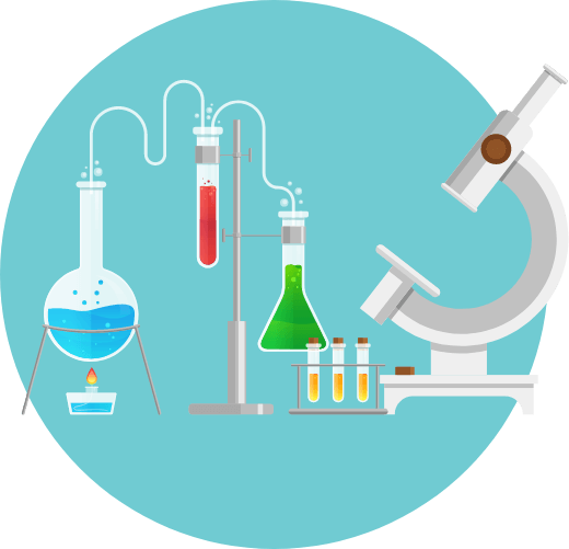 Science equipment including beaker, test tubes, and microscope.